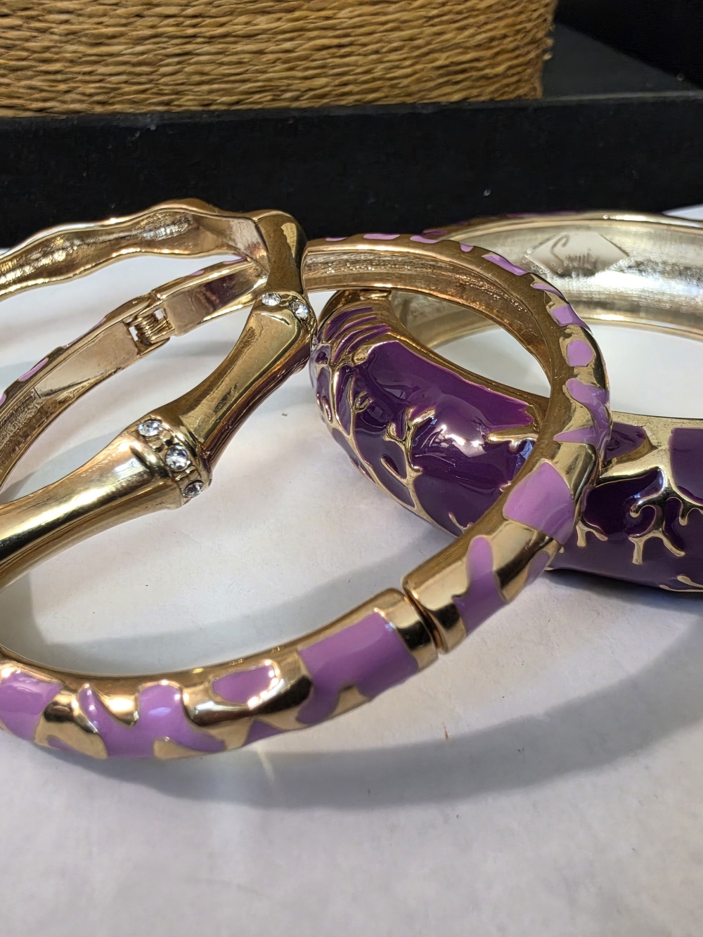 Gold-Tone and Purple Enamel Hinged Bangle Bracelet